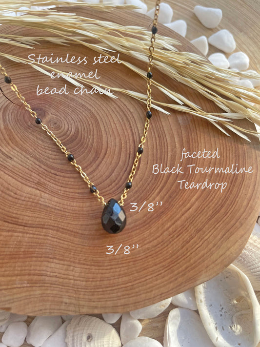 Black Tourmaline - Enamel bead Necklace