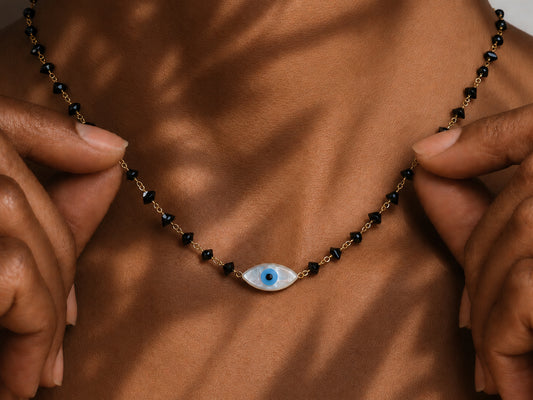 Evil Eye Obsidian Chip Bead Necklace