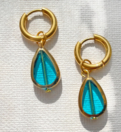 Gold Huggie Hoop Earrings ~ Dangle, Blue ~ Gold Hoop Earrings