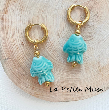 Huggie Hoop Ceramic Blue White Gold Earrings