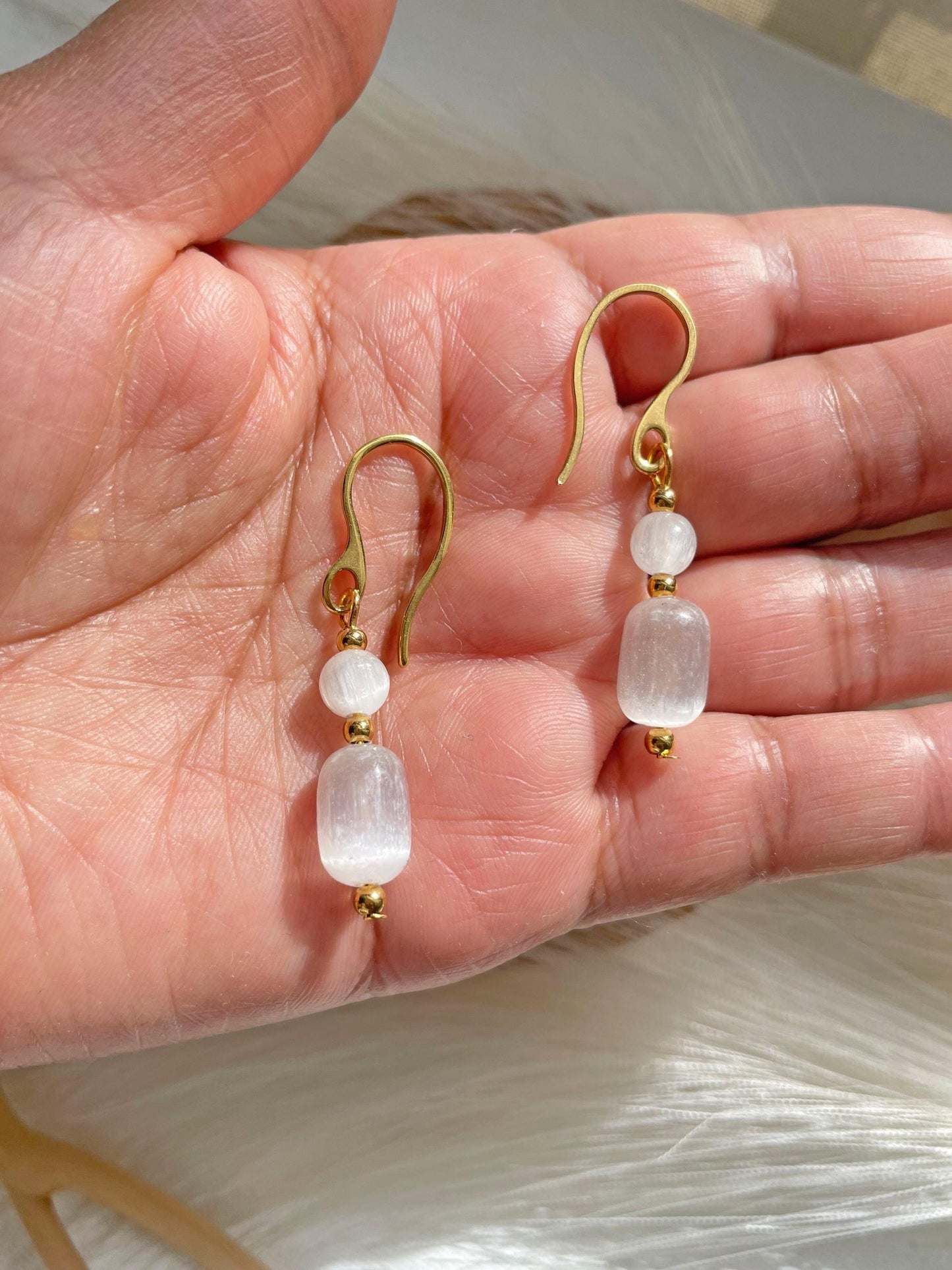 Selenite Minimalist Crystal Earrings 14K Gold Plated,