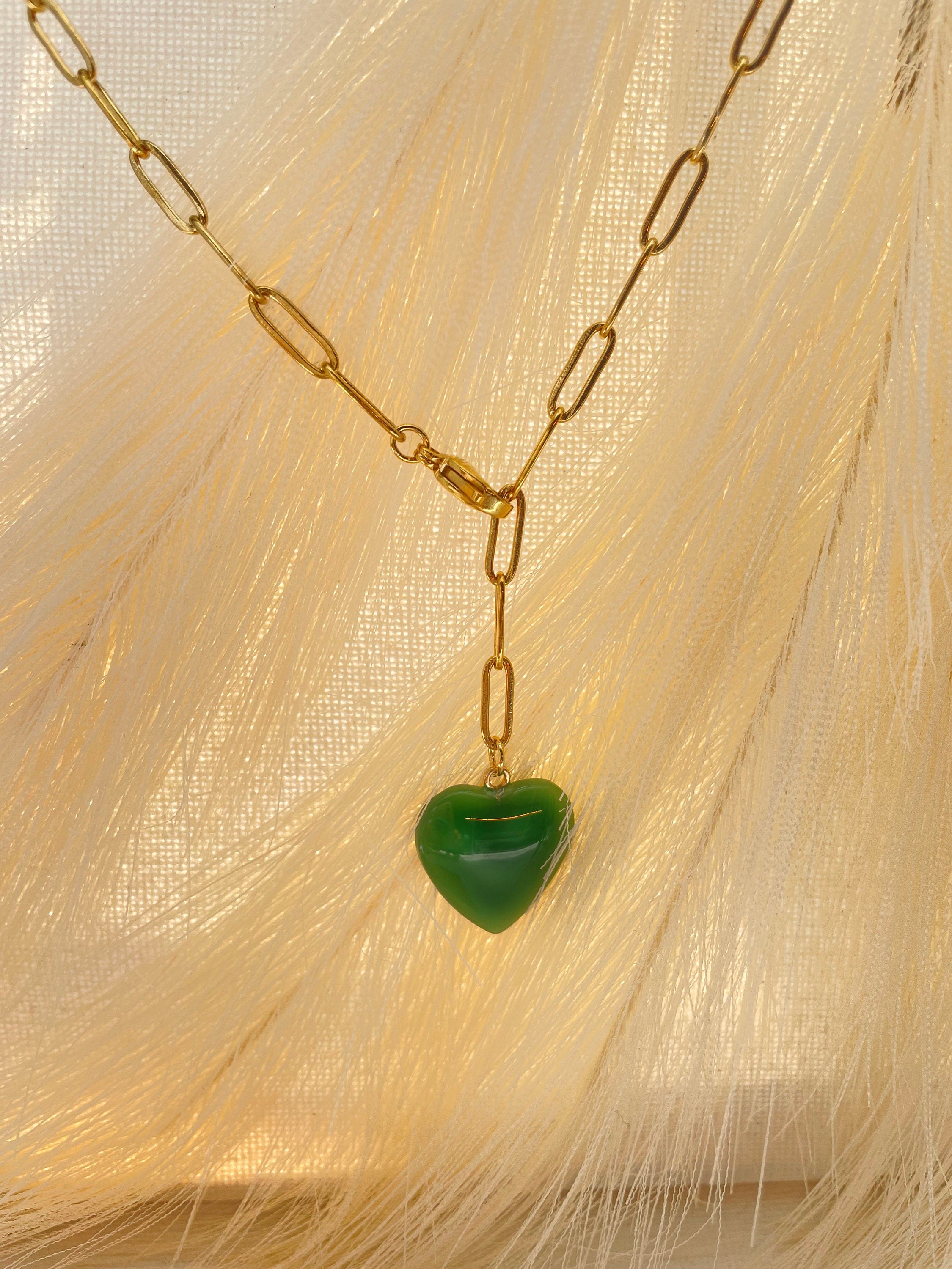Jade Heart Paperclip Chain Necklace