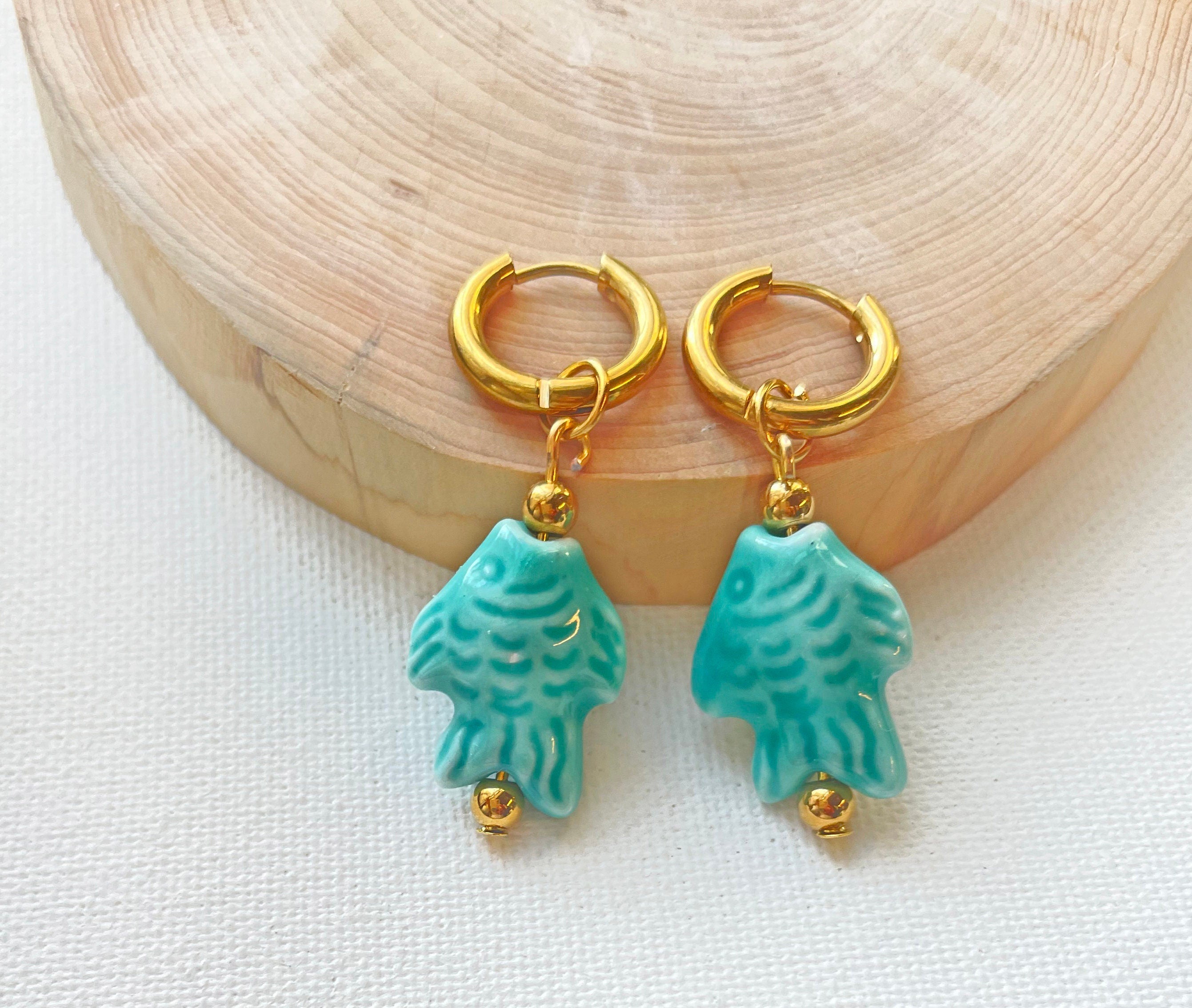 Huggie Hoop Ceramic Blue White Gold Earrings