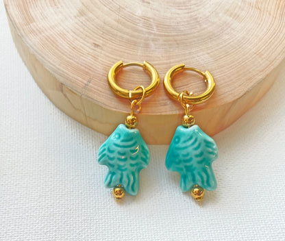 Huggie Hoop Ceramic Blue White Gold Earrings