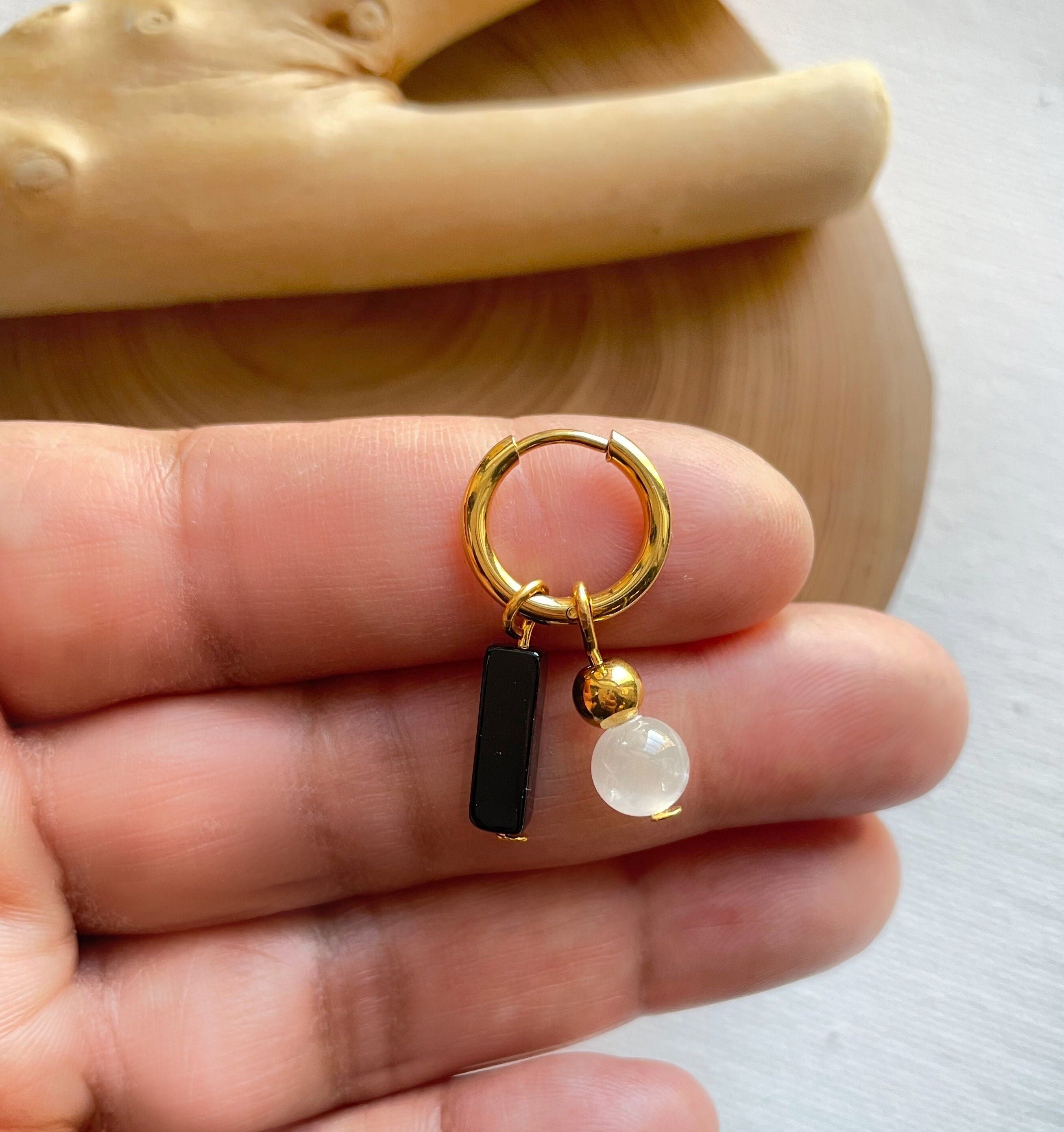 Selenite ~ Obsidian Crystal Huggies Gold Hoops , Crystal Hoop Earrings, Birthstone Huggies, Tiny Dainty Small Hoops, Minimalist earrings
