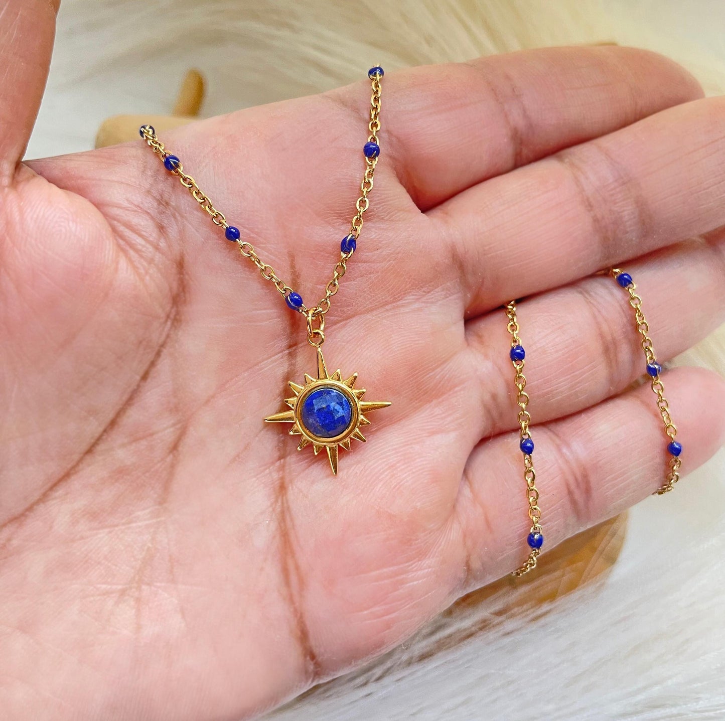 Dainty Lapis Lazuli Star  Necklace ~ Boho Lapis Lazuli Beaded Chain