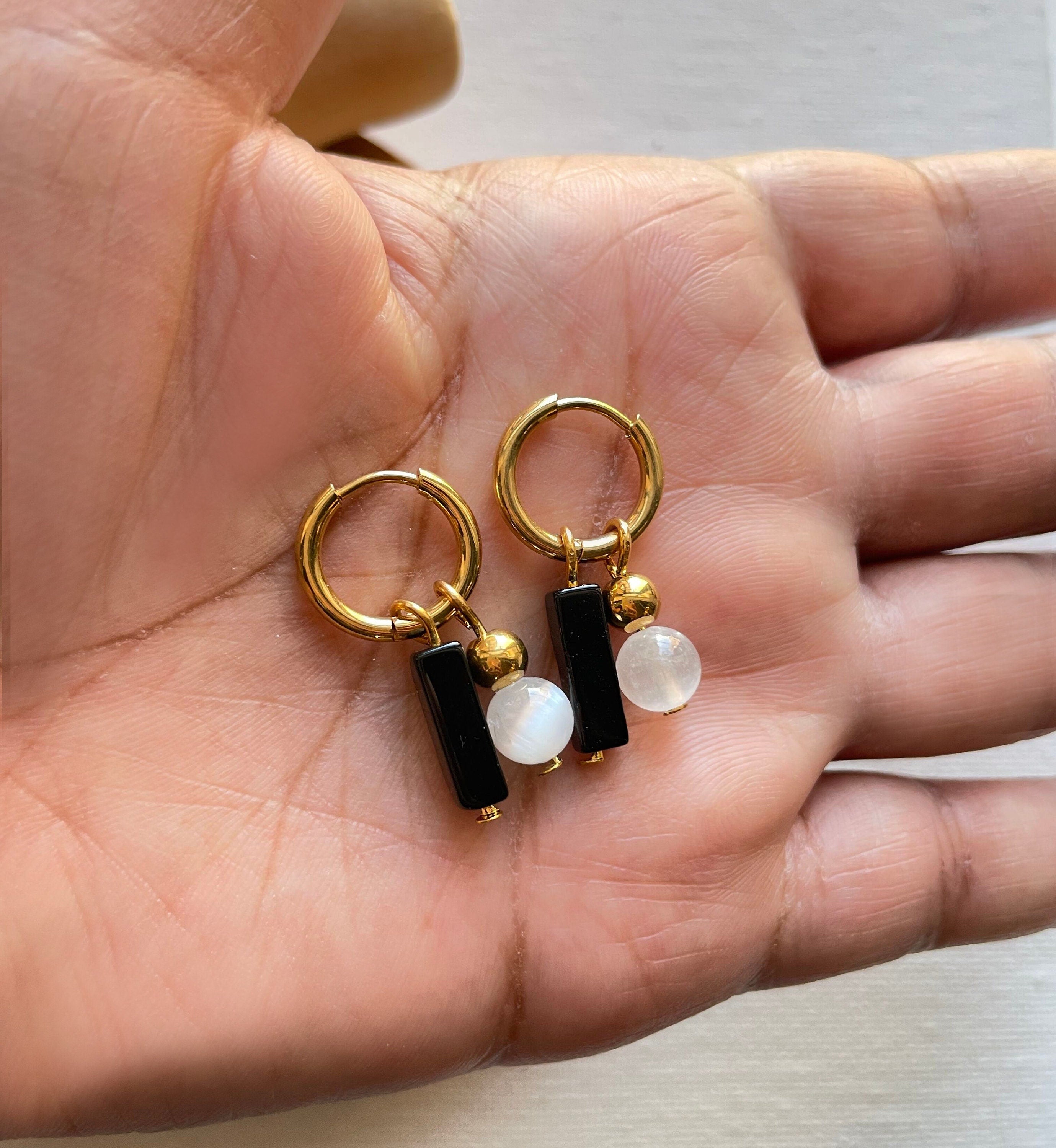Selenite ~ Obsidian Crystal Huggies Gold Hoops , Crystal Hoop Earrings, Birthstone Huggies, Tiny Dainty Small Hoops, Minimalist earrings