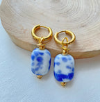 Blue and White Hand Painted -Ceramic Hoop Earrings
