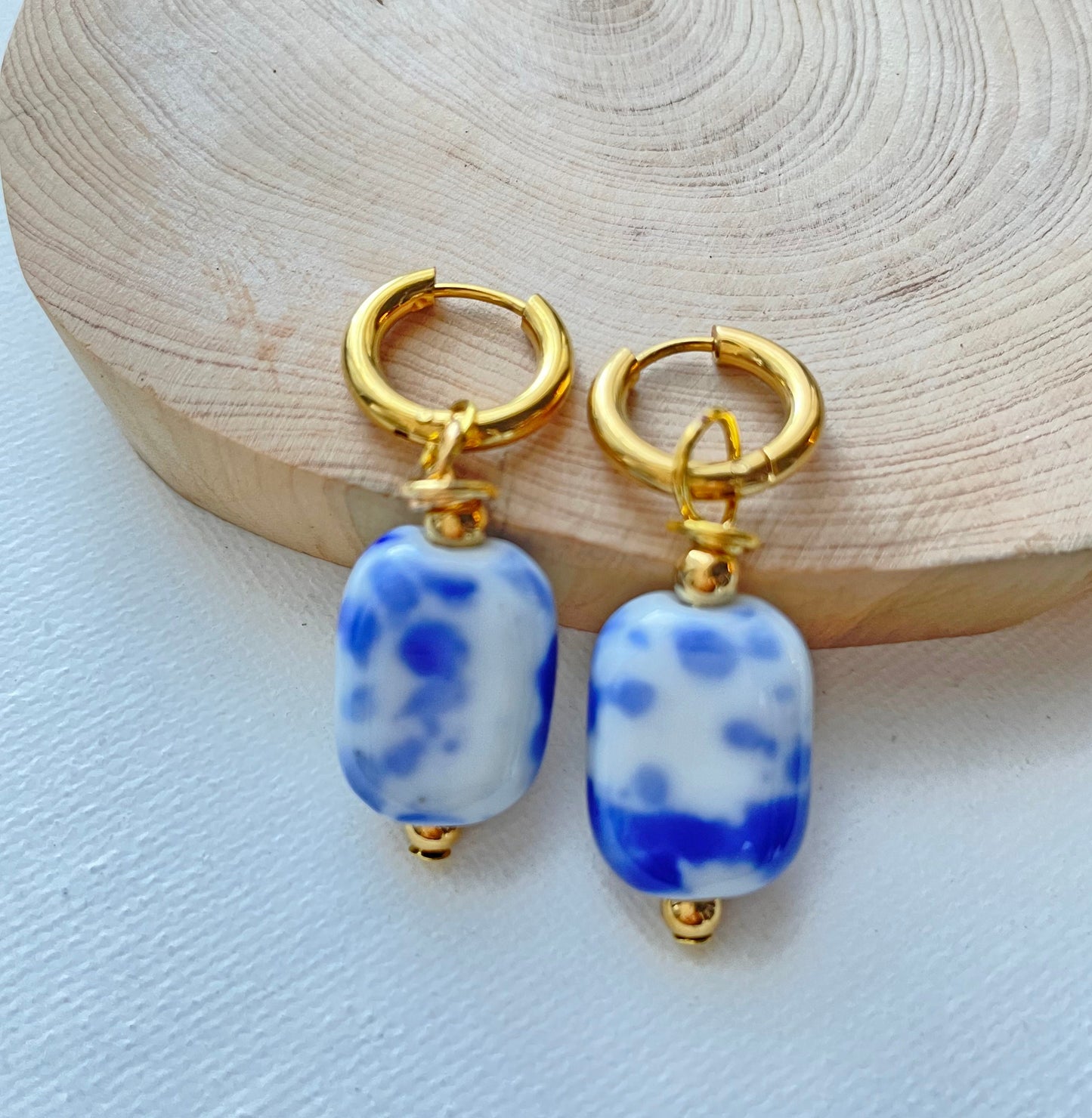 Blue and White Hand Painted -Ceramic Hoop Earrings