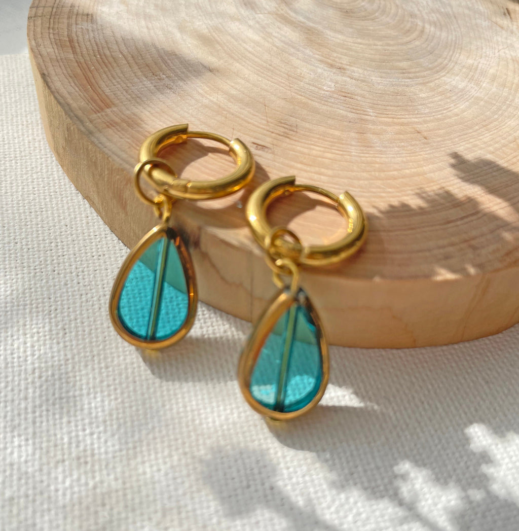 Gold Huggie Hoop Earrings ~ Dangle, Blue ~ Gold Hoop Earrings
