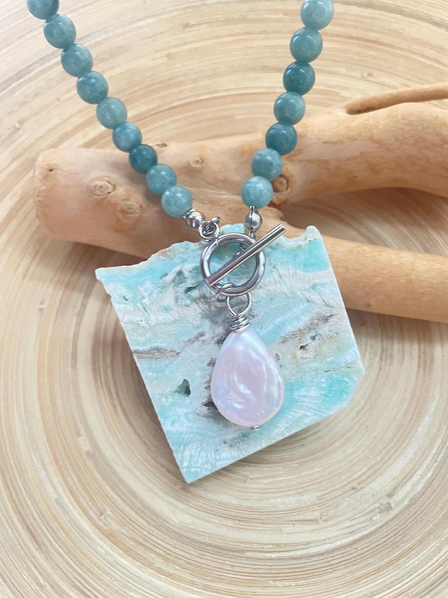 Blue Amazonite Beaded ~ Pearl Pendant Necklace