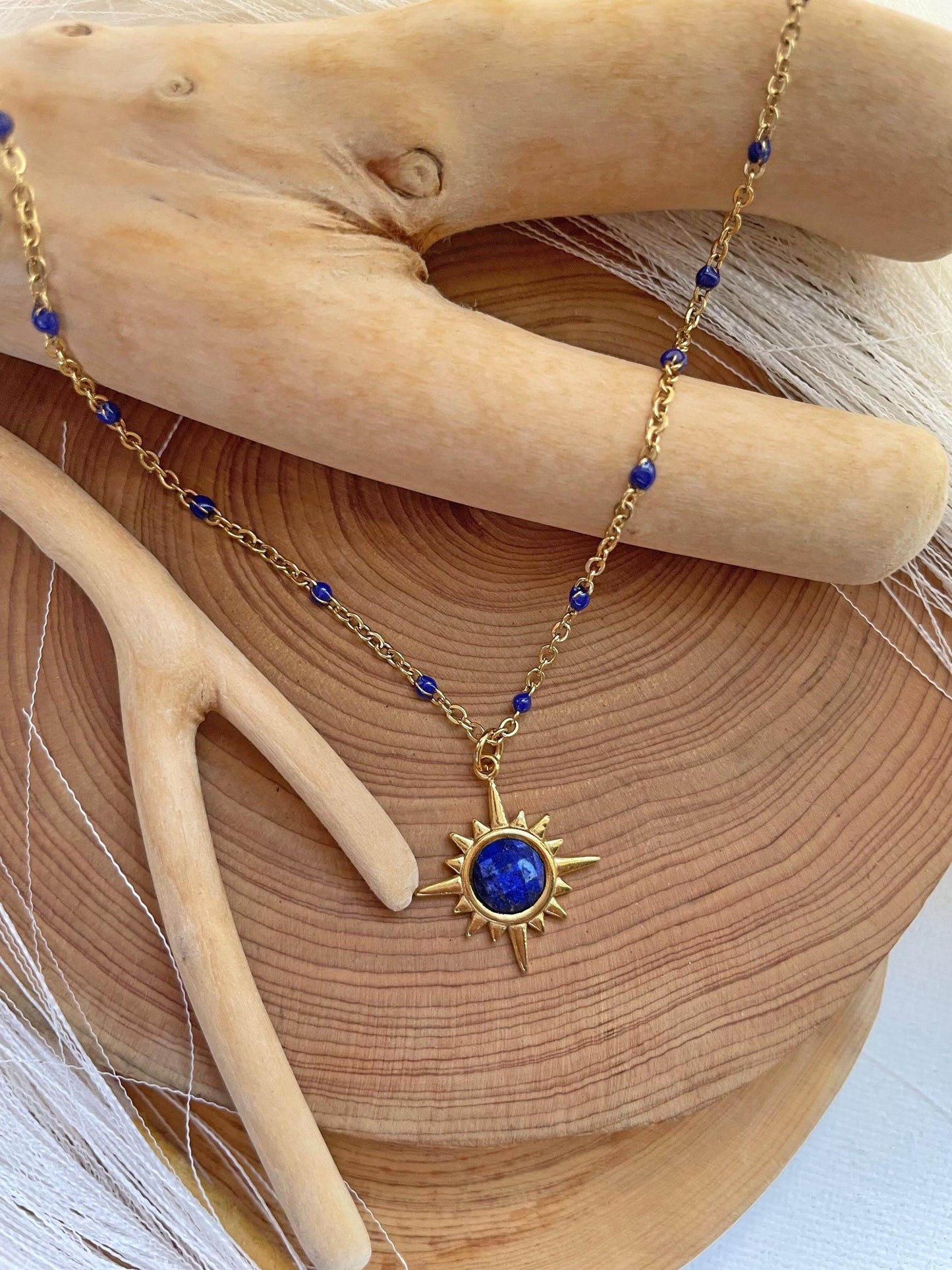 Dainty Lapis Lazuli Star  Necklace ~ Boho Lapis Lazuli Beaded Chain