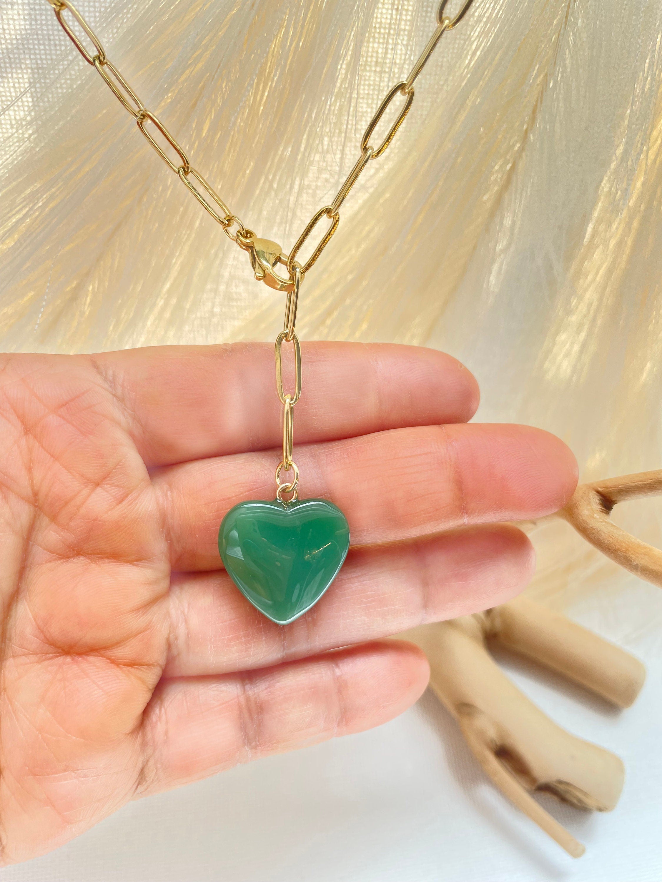 Jade Heart Paperclip Chain Necklace