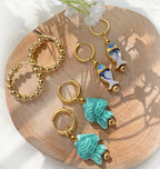 Huggie Hoop Ceramic Blue White Gold Earrings