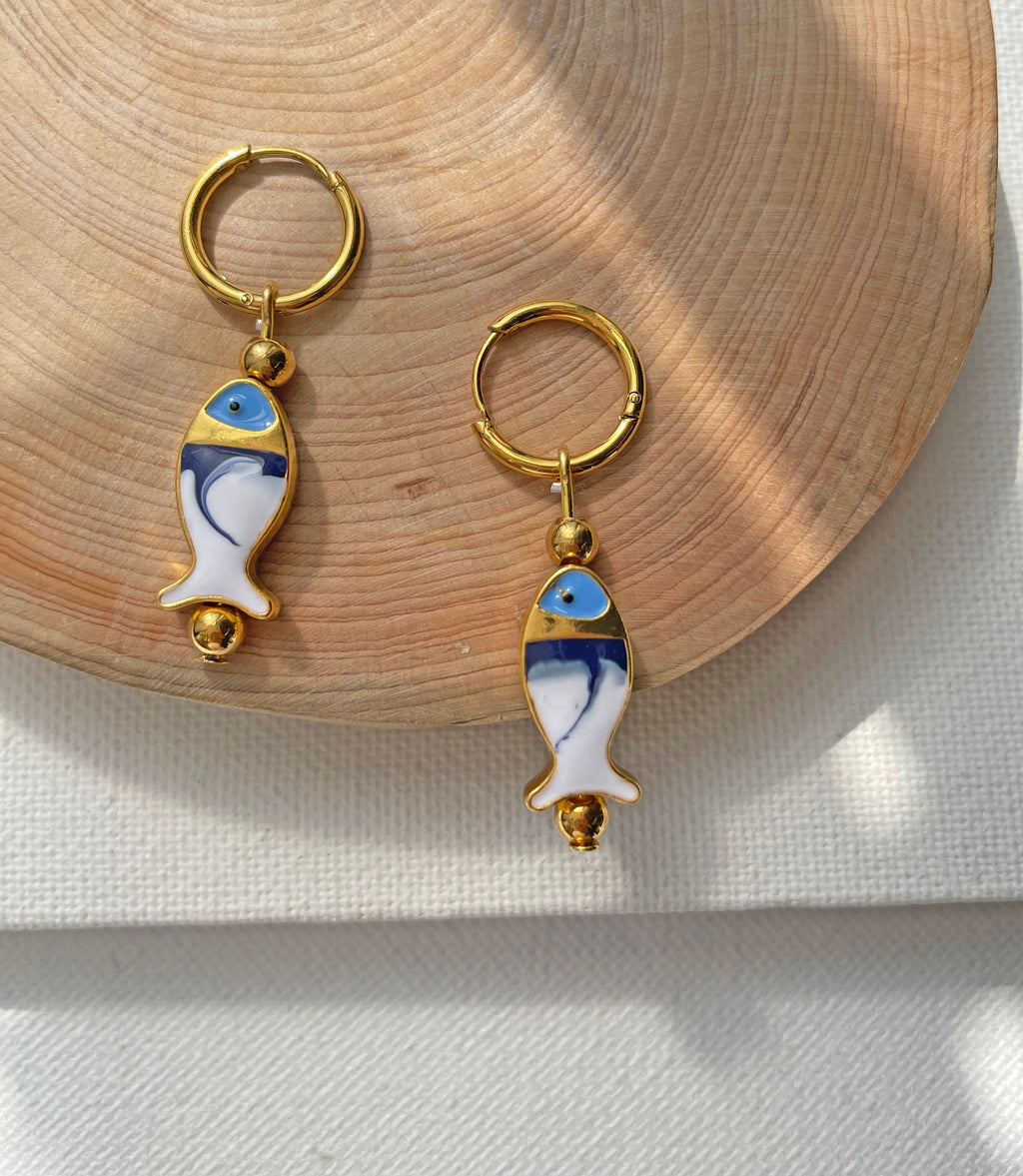 Huggie Hoop Ceramic Blue White Gold Earrings