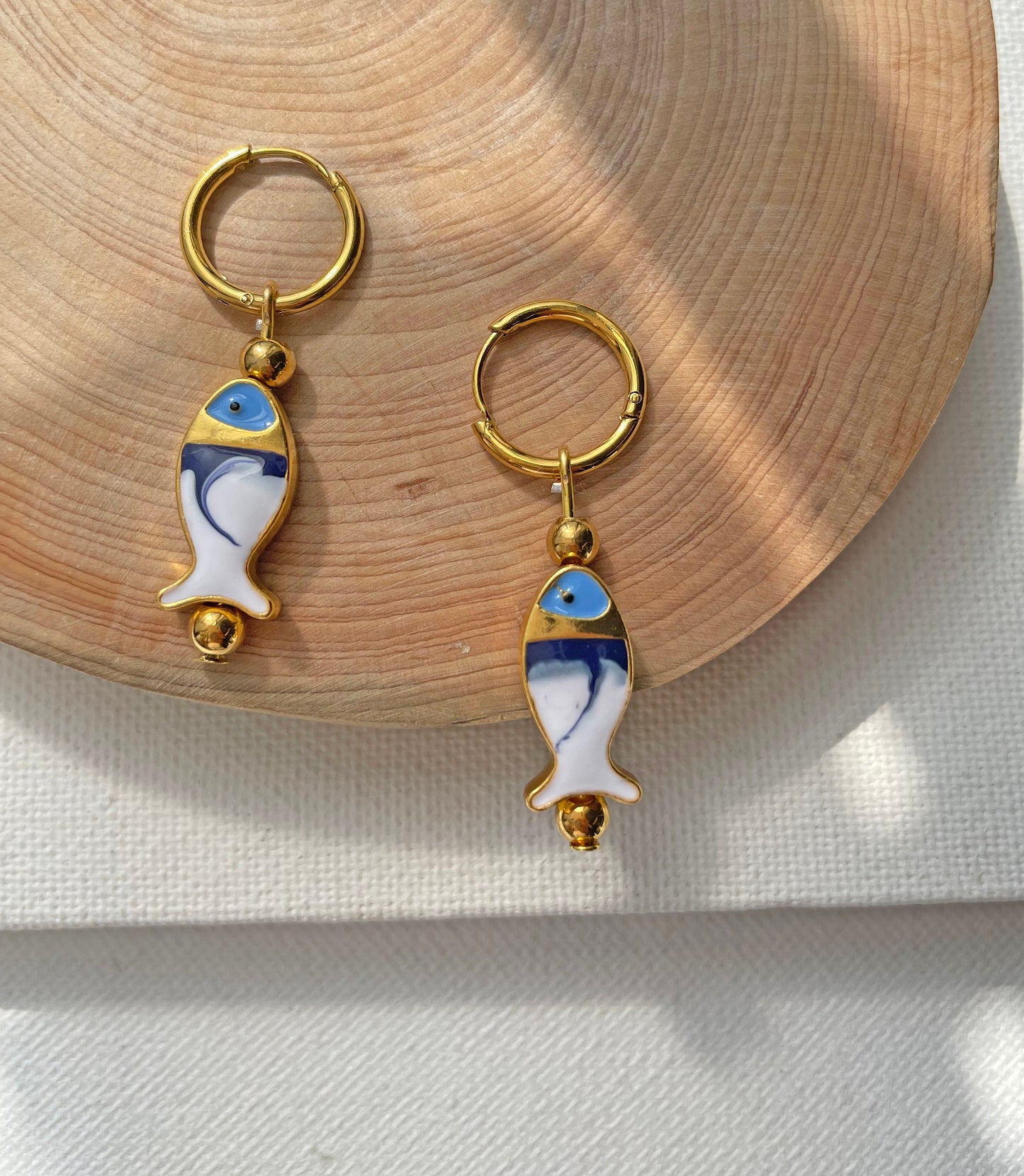 Huggie Hoop Ceramic Blue White Gold Earrings