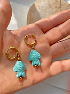 Huggie Hoop Ceramic Blue White Gold Earrings