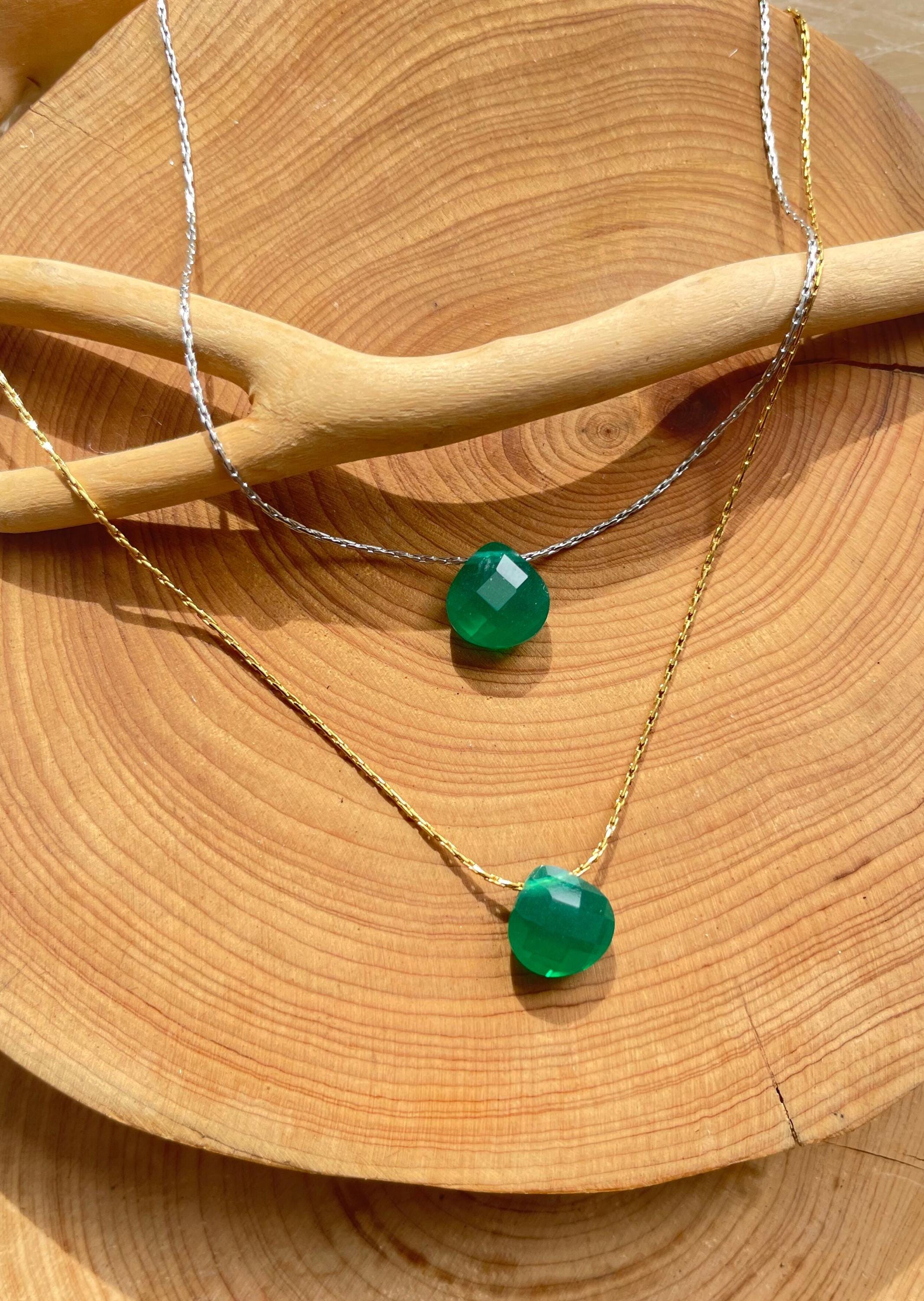 Emerald Tiny Teardrop Pendant Necklace ~ May Birthstone