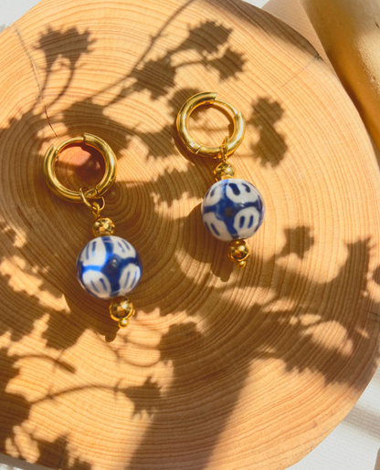 Blue and White Hand Painted -Ceramic Hoop Earrings