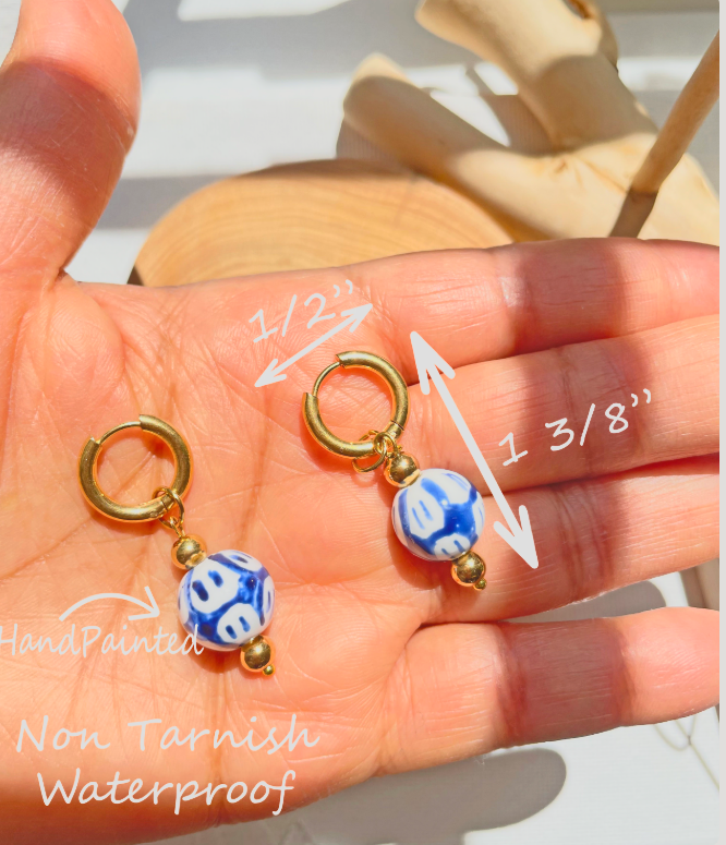 Blue and White Hand Painted -Ceramic Hoop Earrings