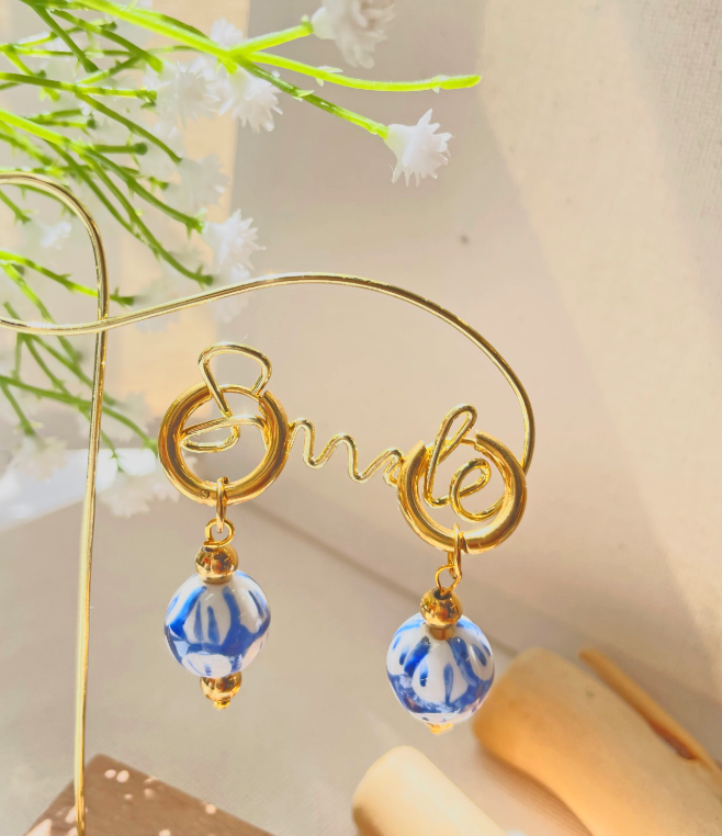 Blue and White Hand Painted -Ceramic Hoop Earrings