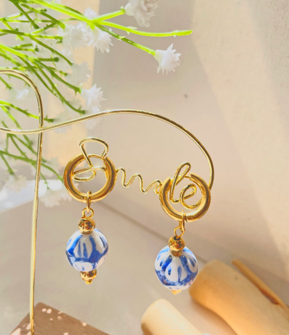 Blue and White Hand Painted -Ceramic Hoop Earrings
