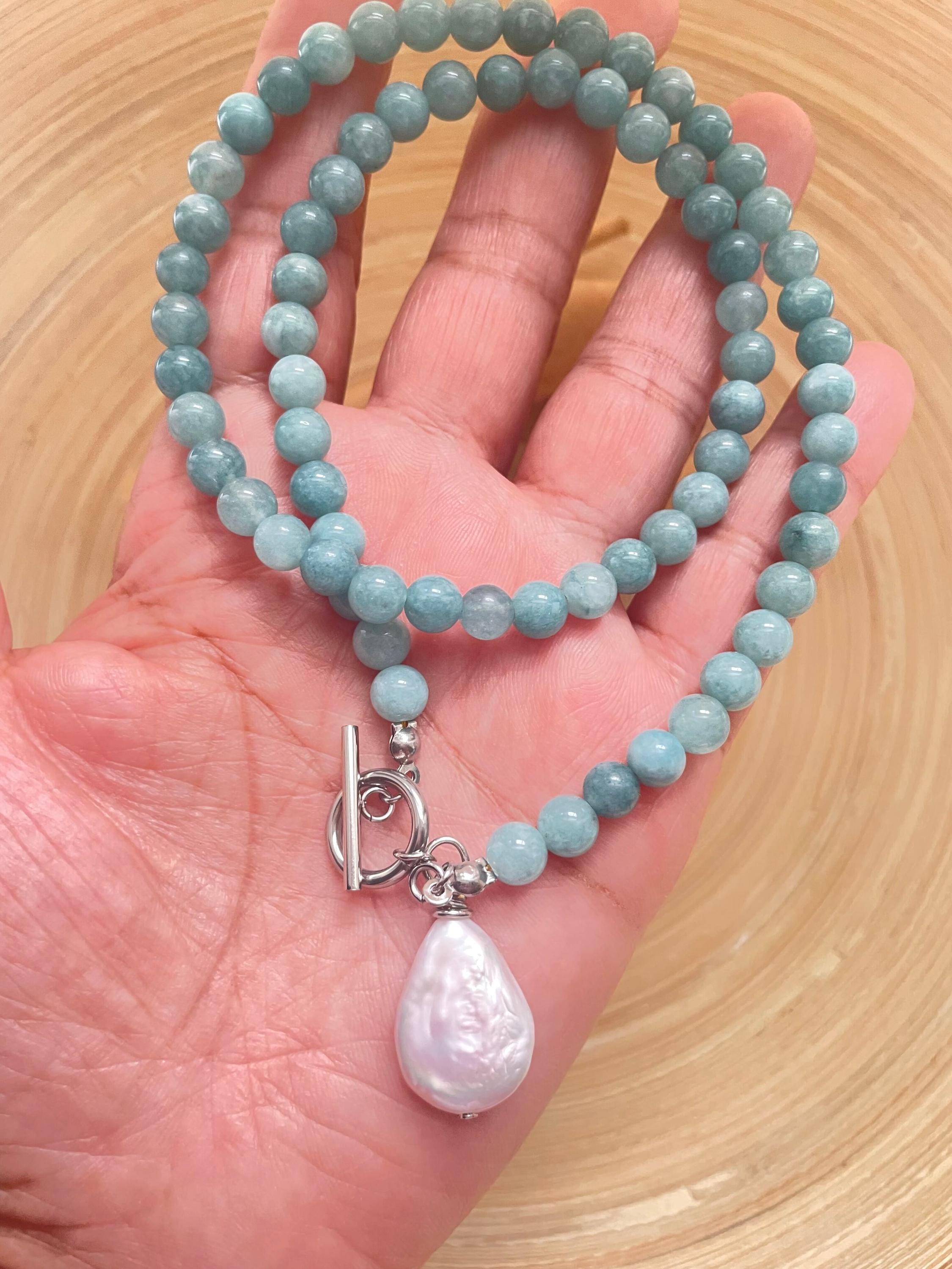 Blue Amazonite Beaded ~ Pearl Pendant Necklace