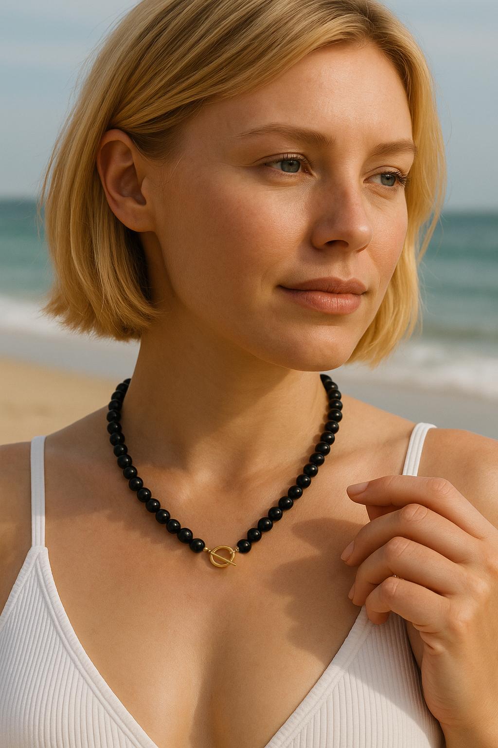 Obsidian Bead Toggle Clasp Necklace