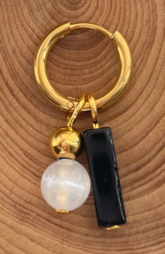 Selenite ~ Obsidian Crystal Huggies Gold Hoops , Crystal Hoop Earrings, Birthstone Huggies, Tiny Dainty Small Hoops, Minimalist earrings