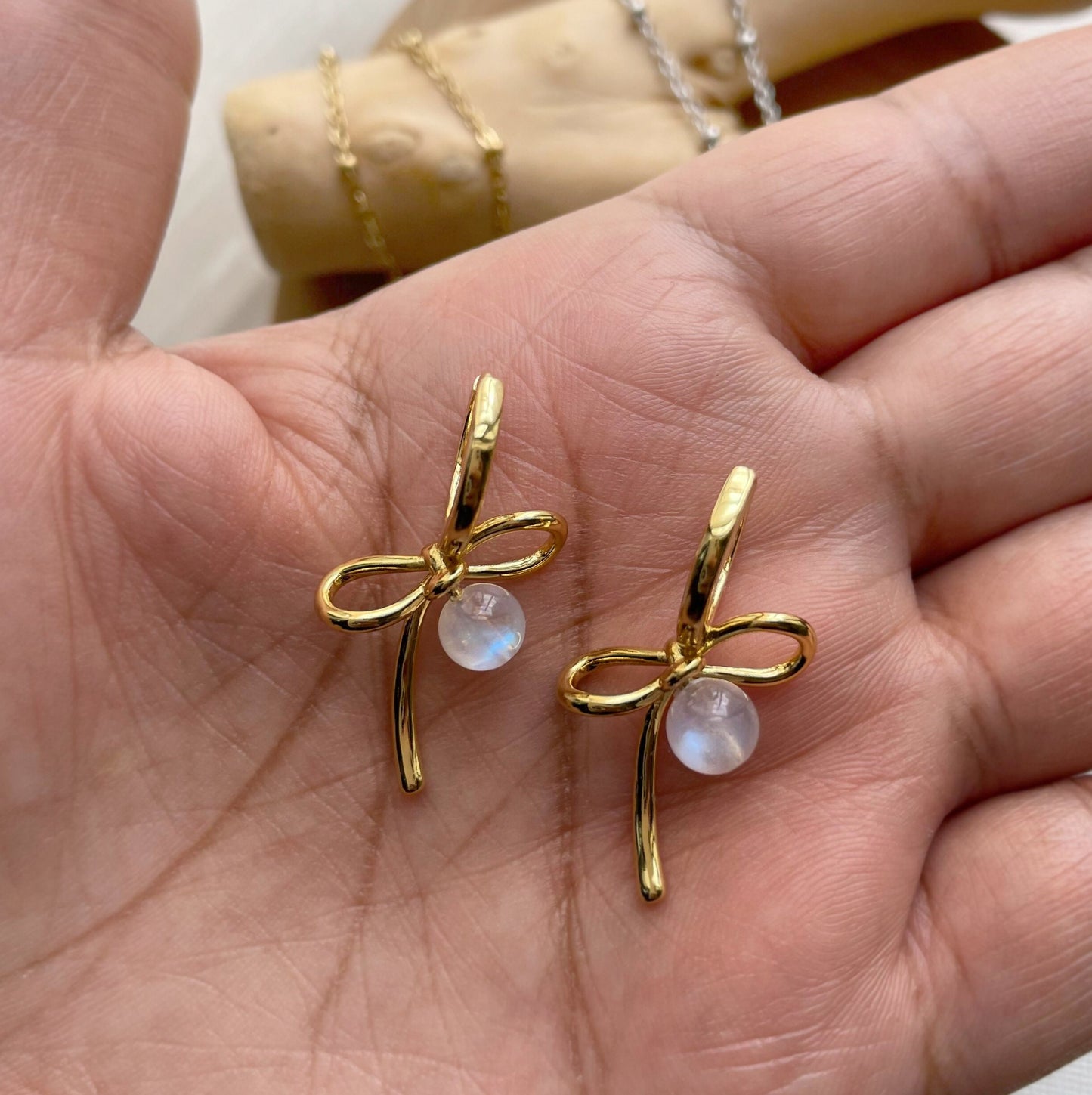 Moonstone Bead Bow Earrings