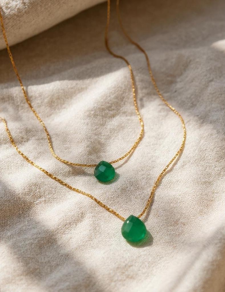 Emerald Tiny Teardrop Pendant Necklace ~ May Birthstone