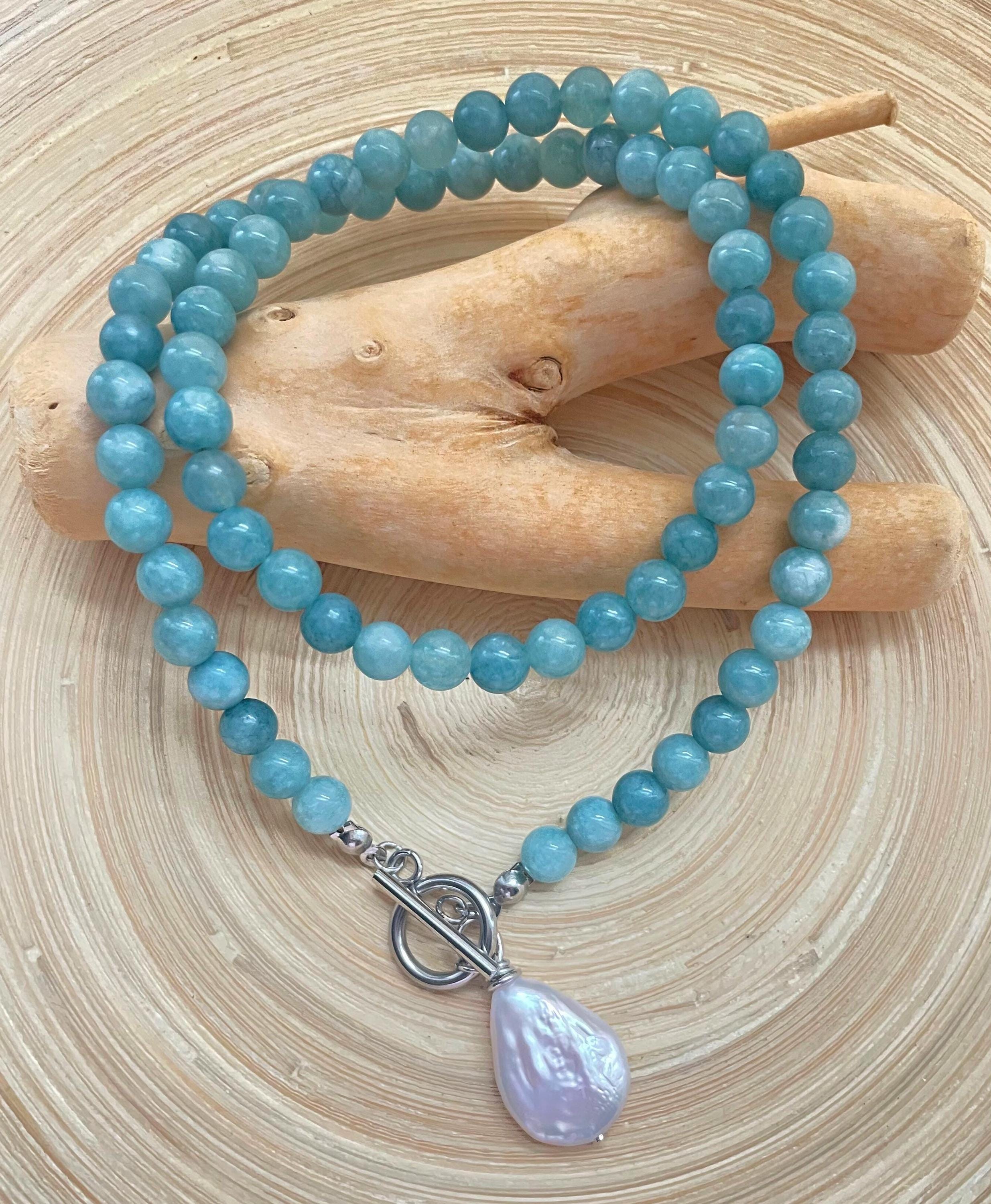 Blue Amazonite Beaded ~ Pearl Pendant Necklace