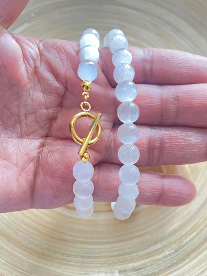 Choker, Selenite Gold Toggle Bead Necklace, Selenite Jewelry Stone Necklace, Selenite Gifts, Gift for Her