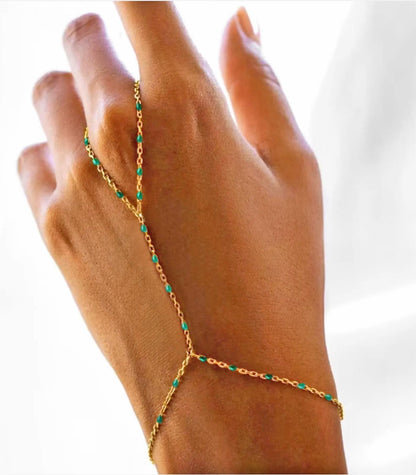 Gold Beaded Slave Bracelet, Dainty Chain Gold Ring Bracelet, Hand Ring Gold Handlet Bracelet, Boho Enamel Bead Hand Salve Bracelet Gift