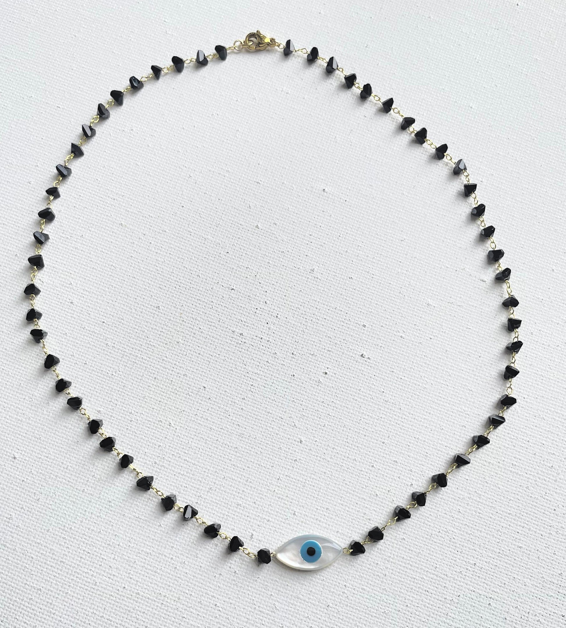 Obsidian Evil Eye Mother of Pearl Necklace , Boho Evil Eye Black Crystal Necklace