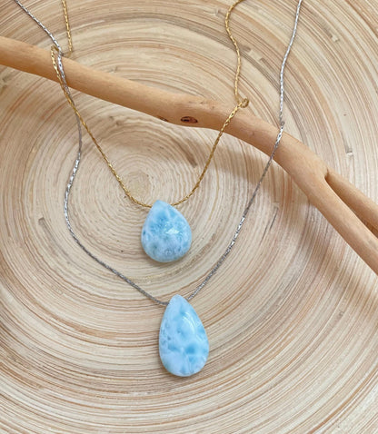 Larimar Minimalist Teardrop Dominican Stone Necklace, Genuine Larimar Blue Stone Necklace, Dominican Blue Stone Crystal, Gift for her