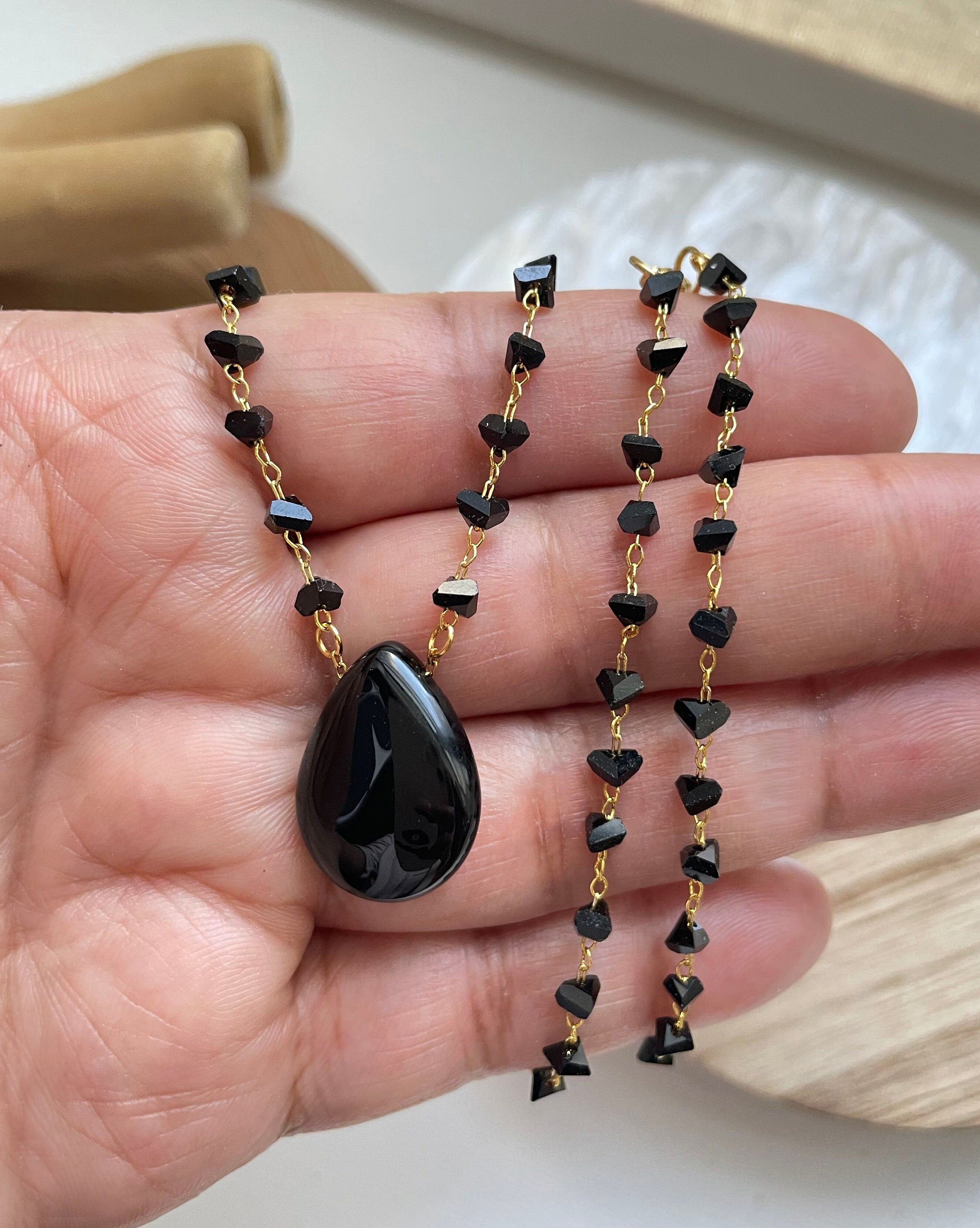 OBSIDIAN BEAD CHAIN LARGE TEARDROP OBSIDIAN PENDANT 