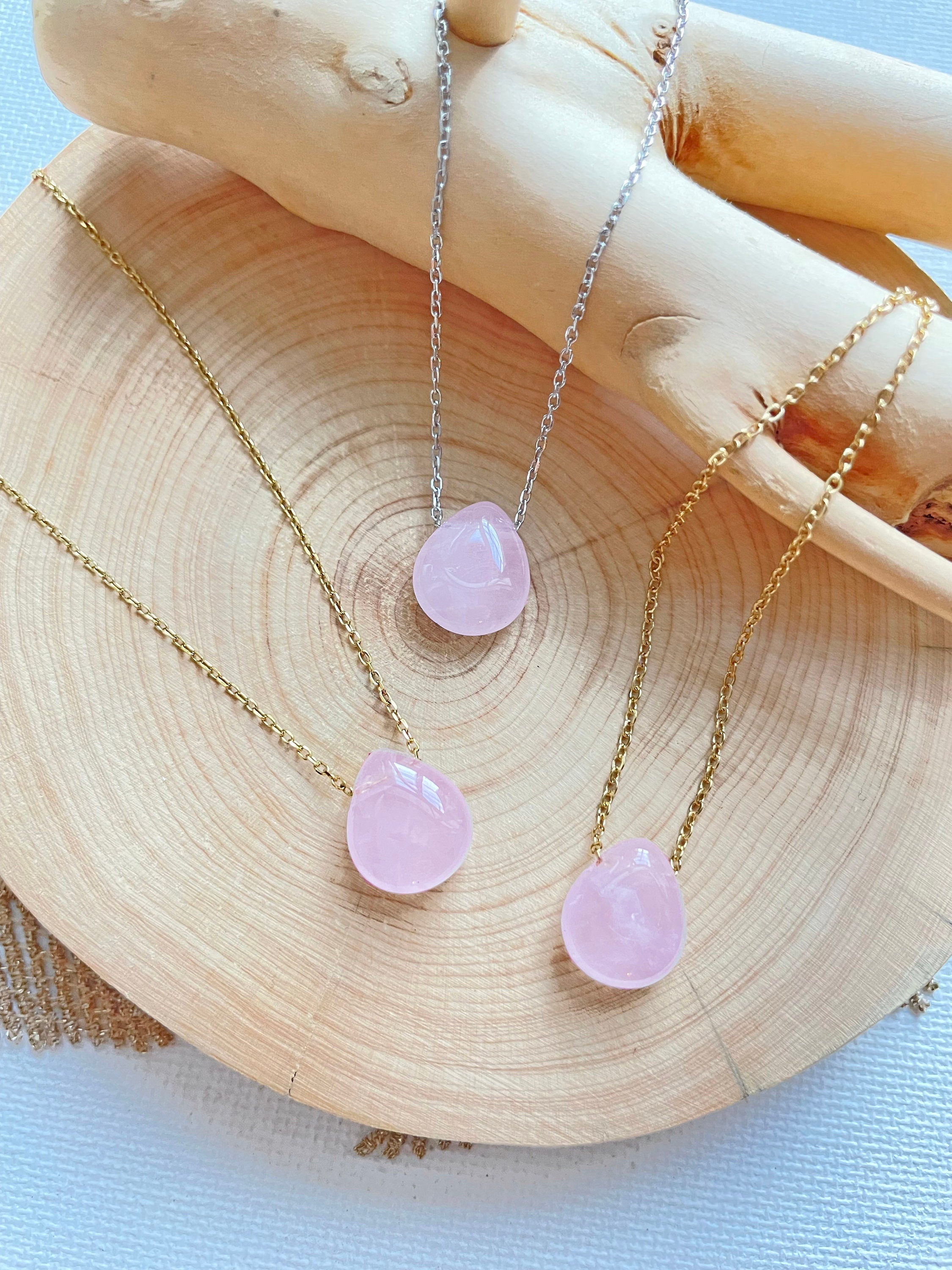 Rose Quartz Crystal Tear Drop Necklace| Pink Crystal Pendant Necklace