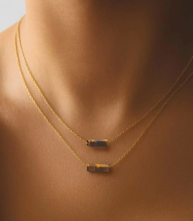 Tigers Eye Tiny Bar Gold  Necklace