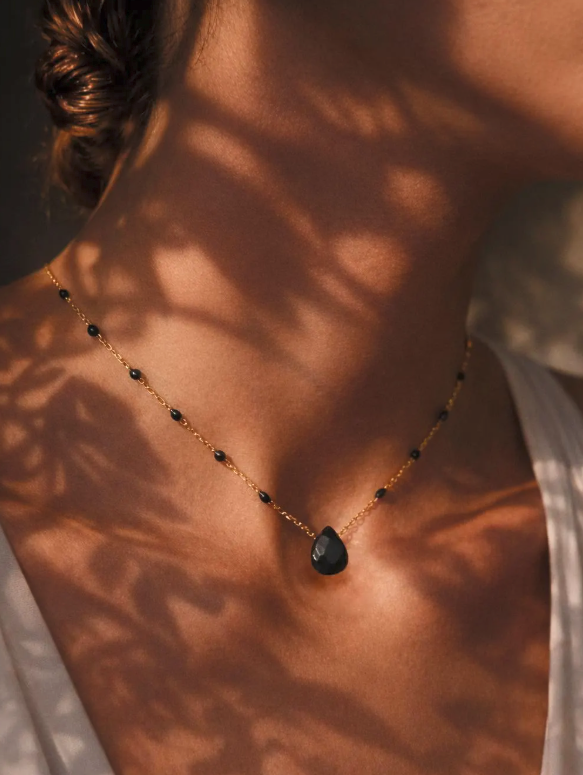 Black Tourmaline - Enamel bead Necklace