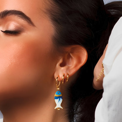 Huggie Hoop Ceramic Blue White Gold Earrings