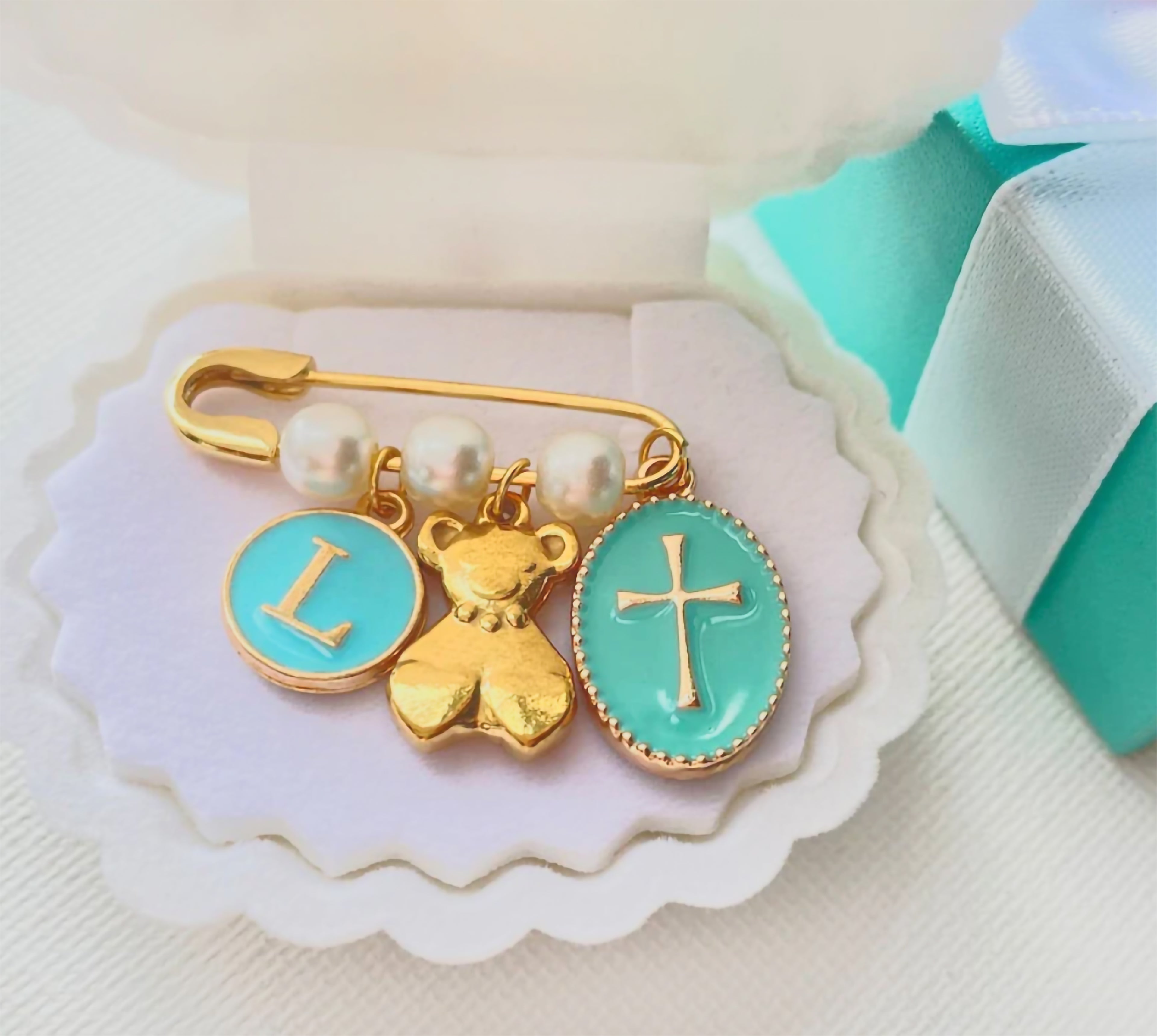 Personalized Baby Pin~ Crib Brooch~ Pearl Beads Charm Baby Pin