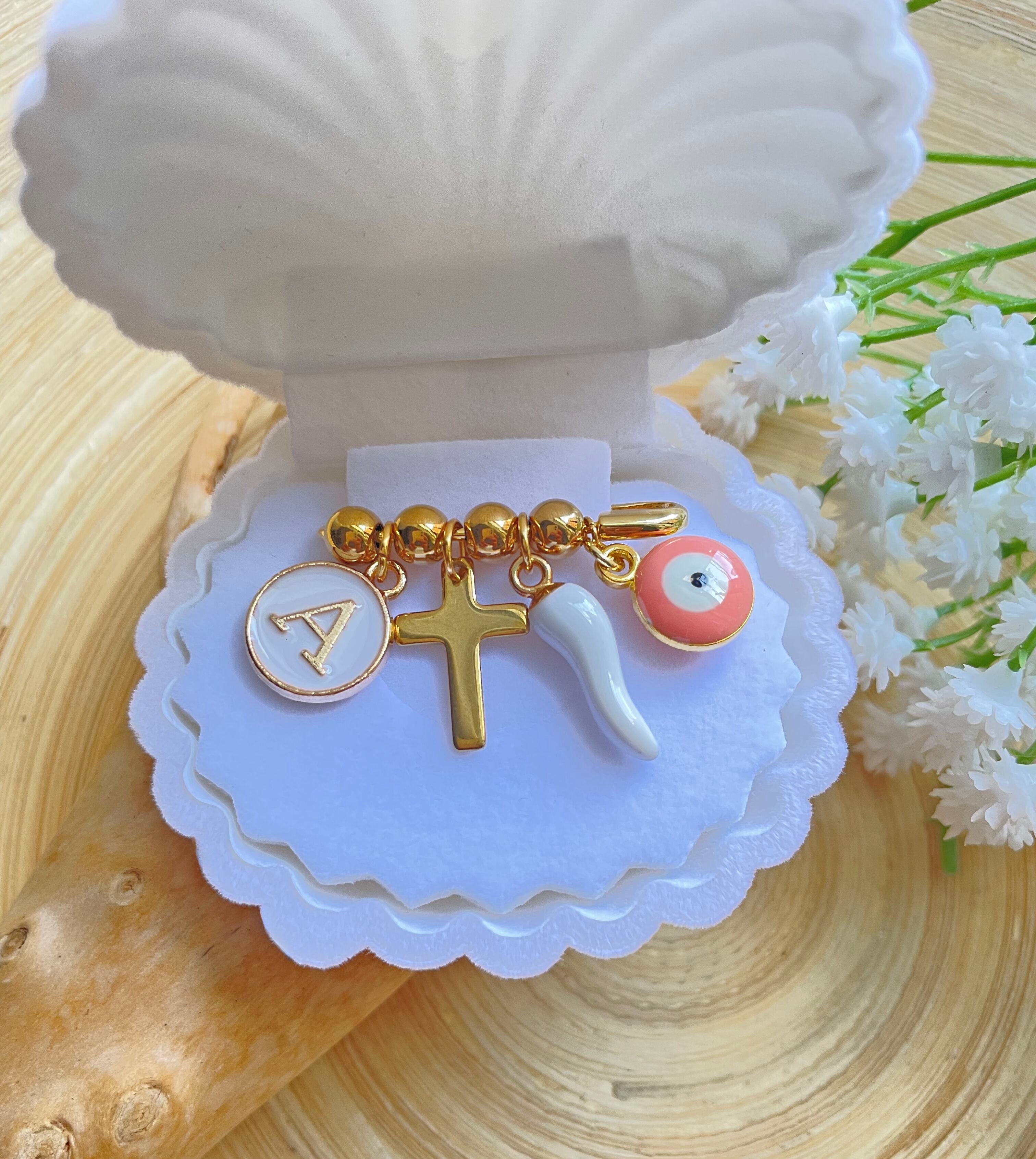 Personalized Baby Pin~  Shower Gift~ Crib Brooch~ Gold Beaded Charms Baby Pin