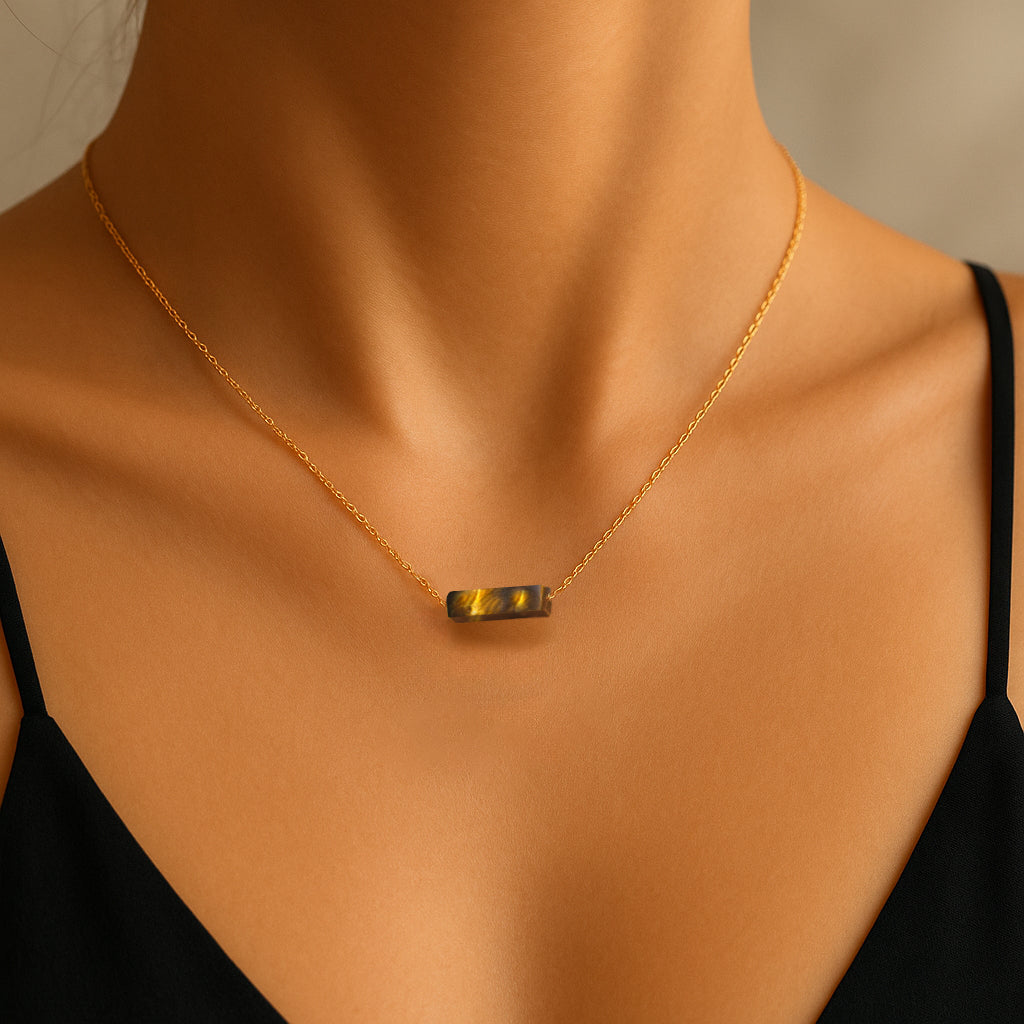 Tigers Eye Tiny Bar Gold  Necklace