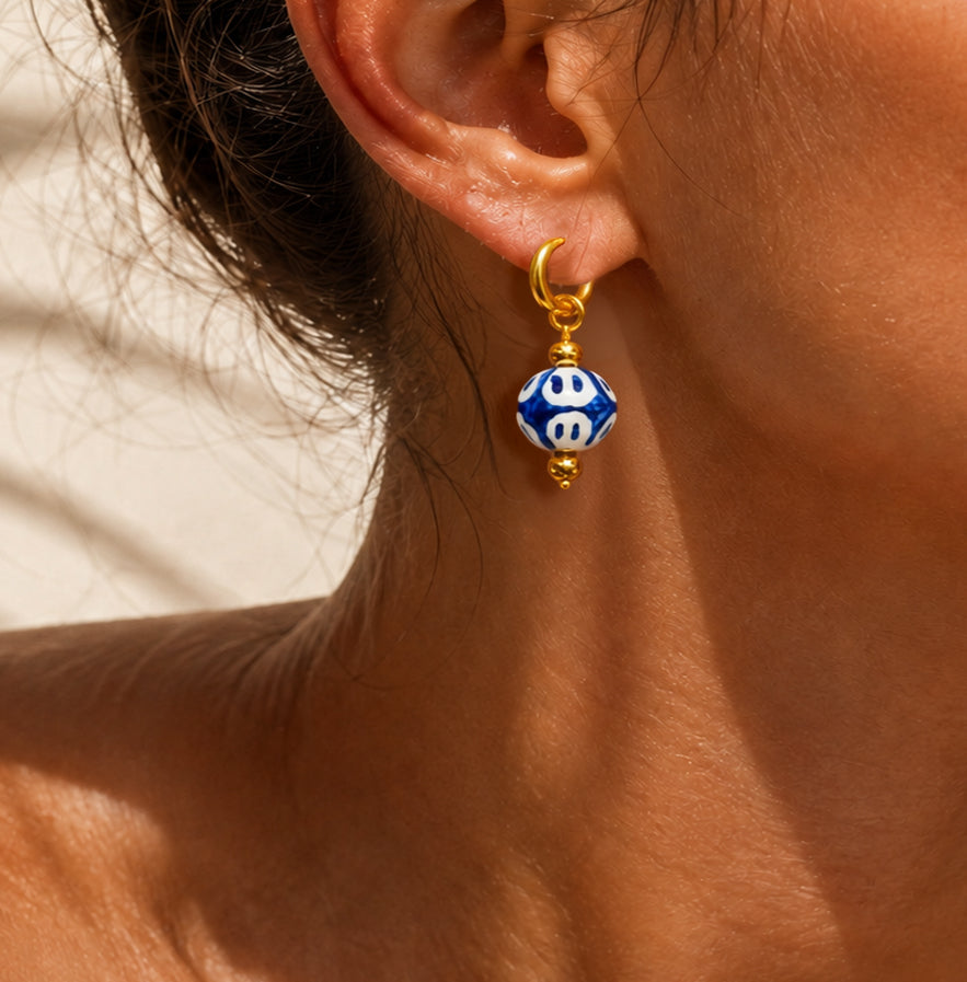 Blue and White Hand Painted -Ceramic Hoop Earrings
