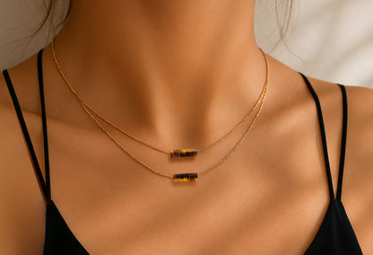 Tigers Eye Tiny Bar Gold  Necklace