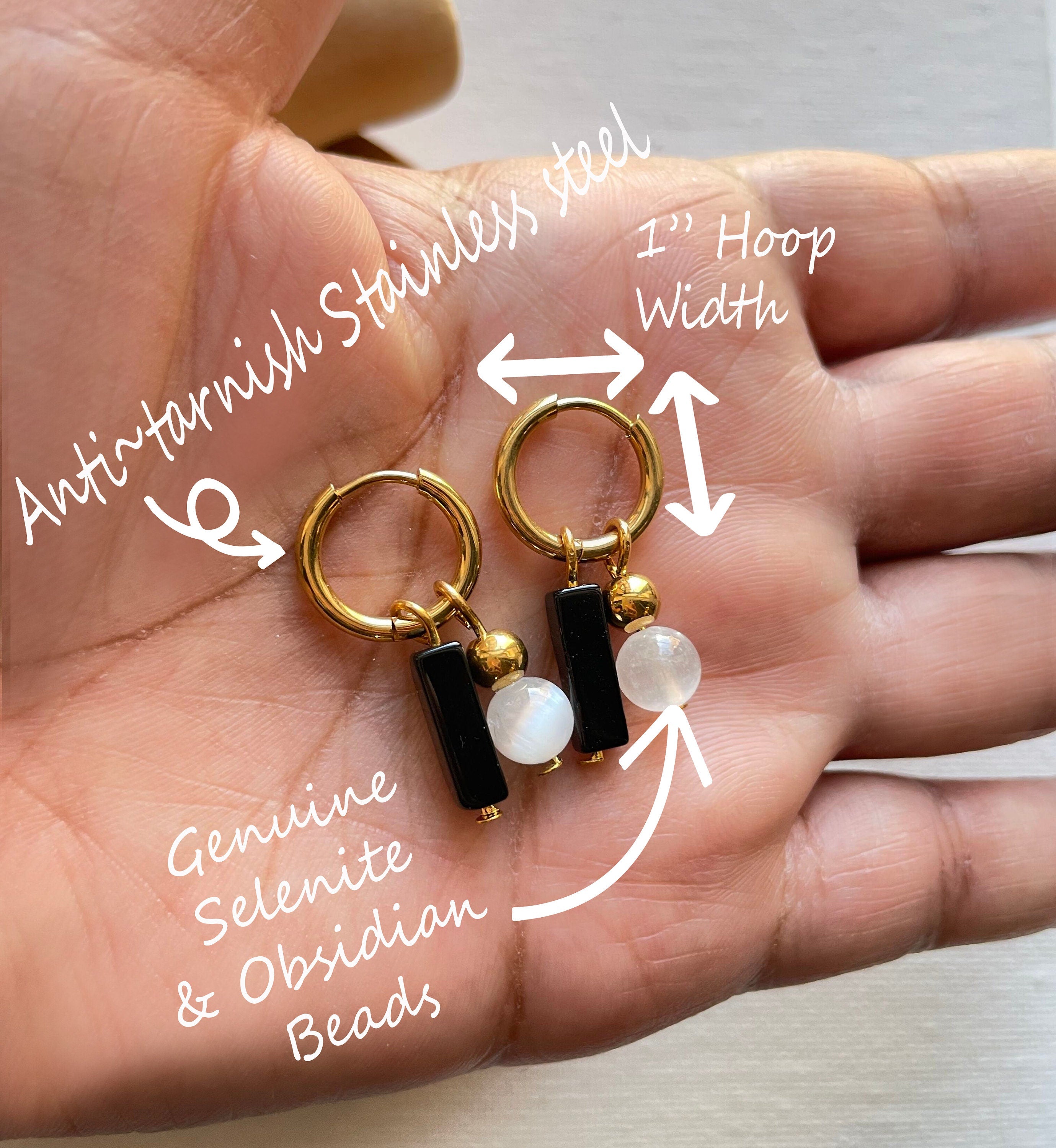 Selenite ~ Obsidian Crystal Huggies Gold Hoops , Crystal Hoop Earrings, Birthstone Huggies, Tiny Dainty Small Hoops, Minimalist earrings