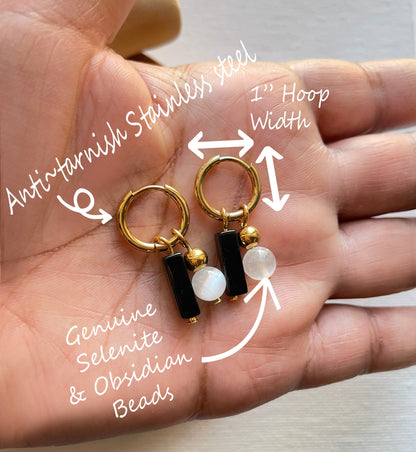 Selenite ~ Obsidian Crystal Huggies Gold Hoops , Crystal Hoop Earrings, Birthstone Huggies, Tiny Dainty Small Hoops, Minimalist earrings