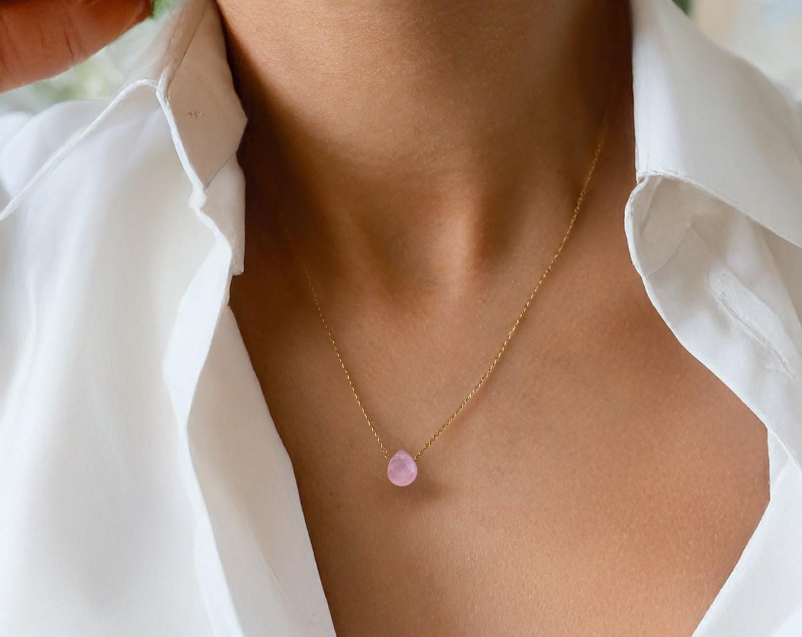 Tiny Rose Quartz Teardrop Pendant Necklace
