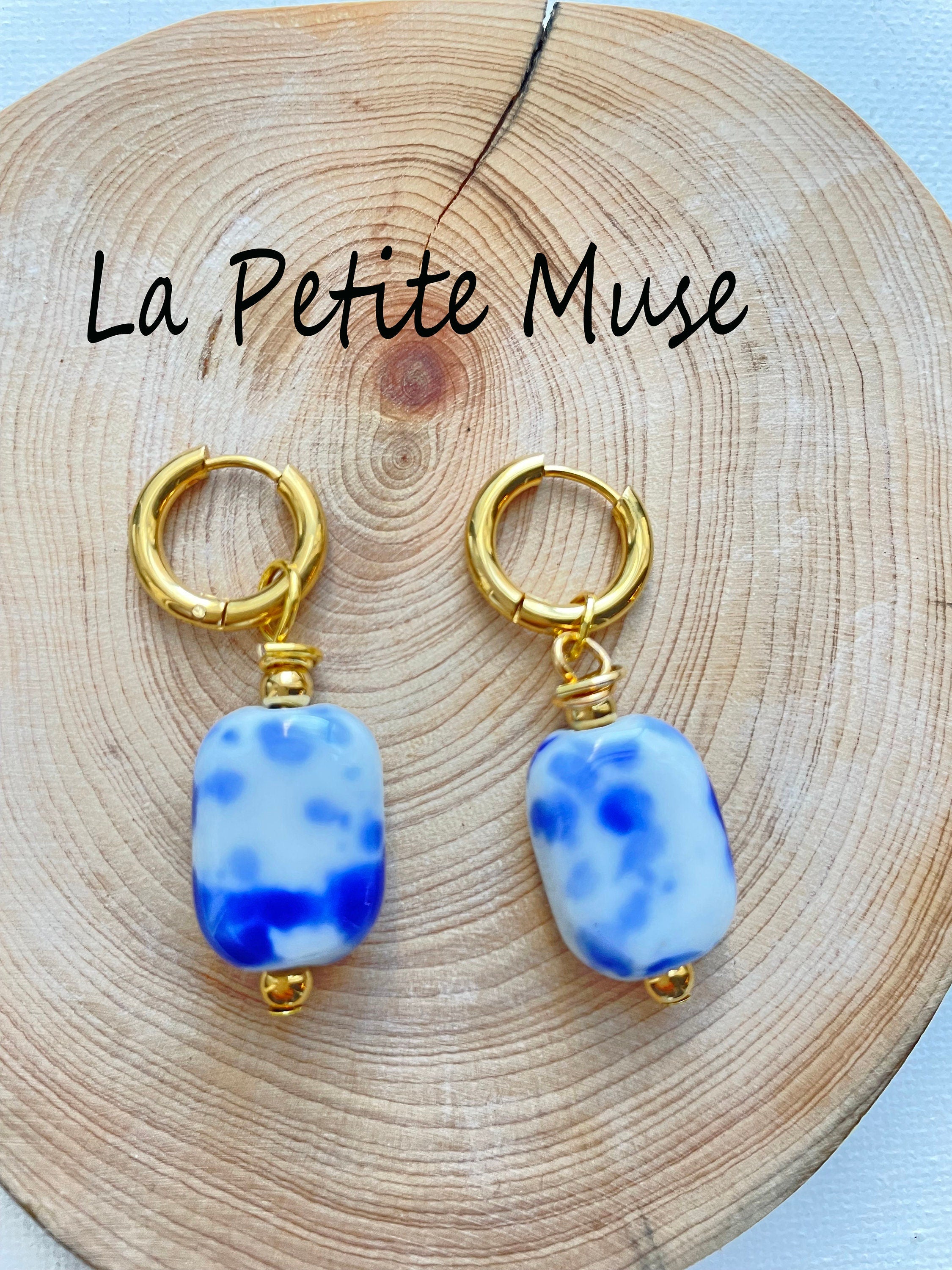 La Petite Muse · Products · Blue and White Hand Painted ~Ceramic Hoop Earrings · Shopify